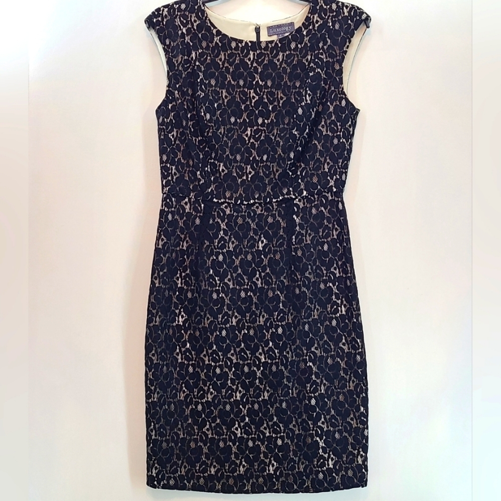 LUXOLOGY Women's Black Sleeveless Sheath Dress Black Lace Overlay - Size 6